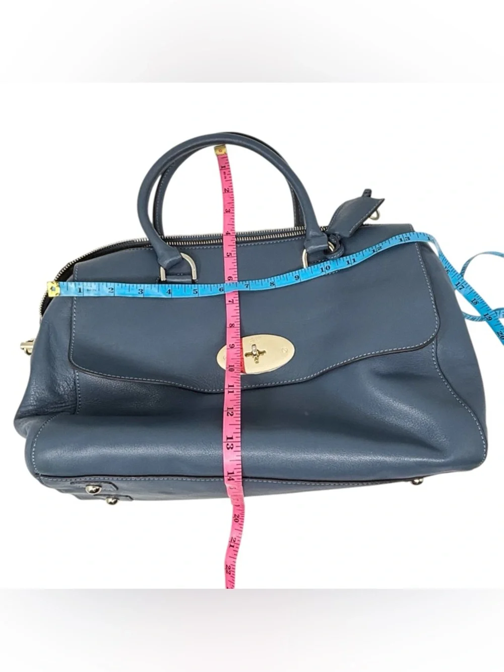 Mulberry Del Rey Slate Blue Leather Satchel Top Handle Bag Gold Hardware Medium